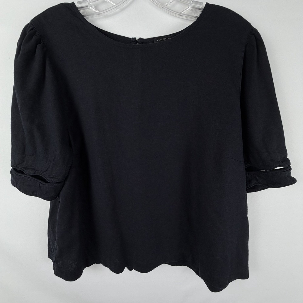Ann Taylor Black Linen Blend Blouse Sz L Puff Sleeve Cutout Detail Minimalist